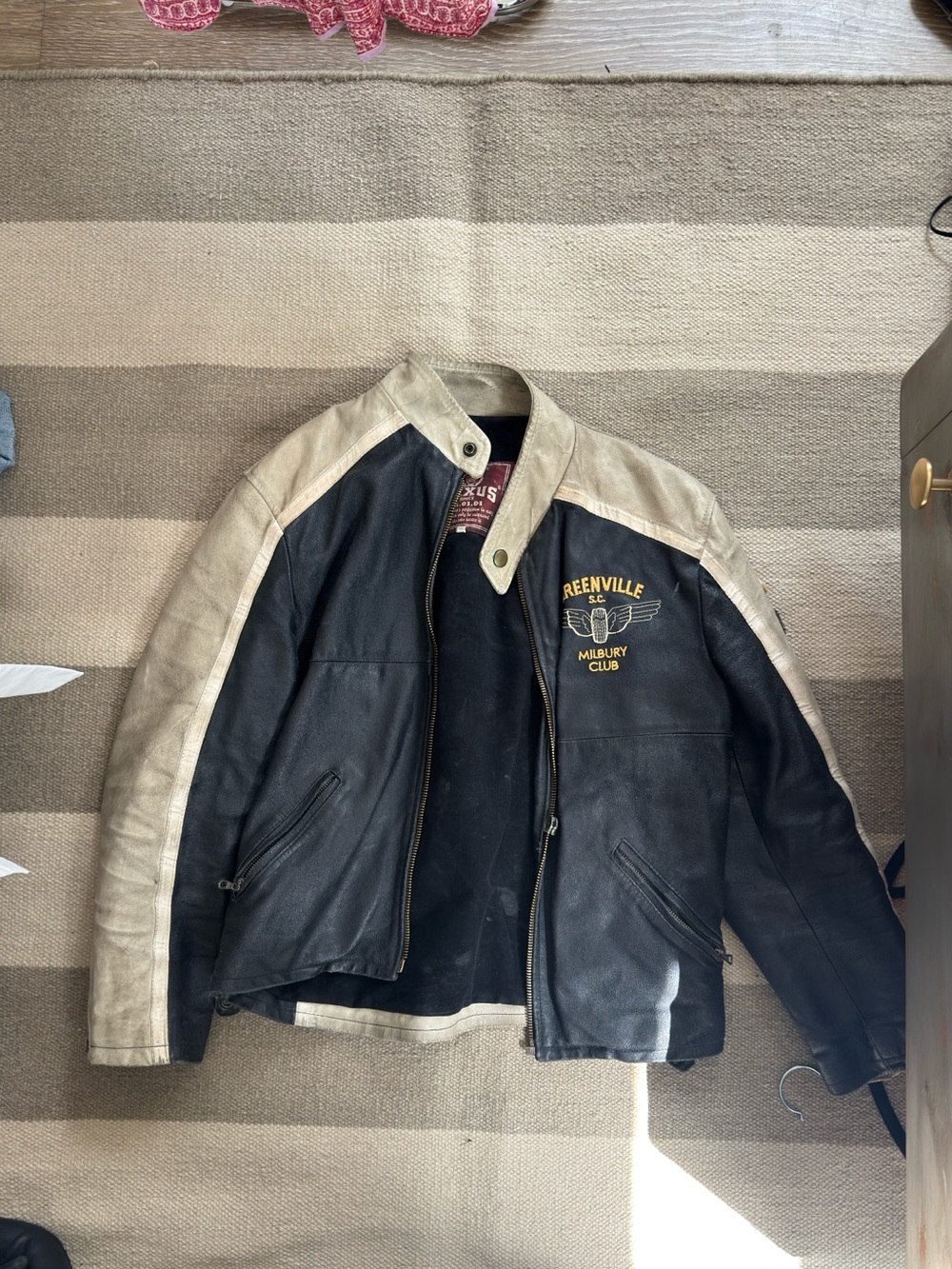 Black & Cream Leather Motorcycle Jacket with Contrast Sleeves